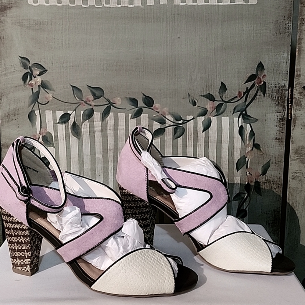 Farylrobin Pink and White Cutout Block Heel Sandals